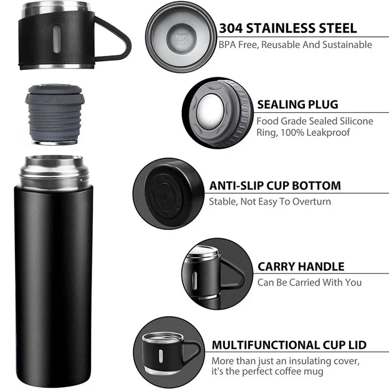 Thermos Flask &amp; Cup Double-Wall Stainless Steel Set